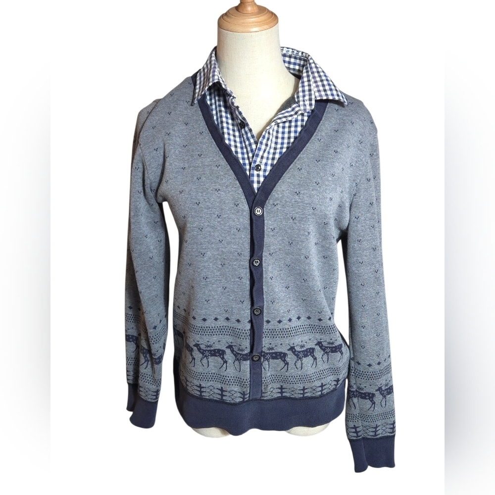 Heilan Home Gray Twofer Christmas Patterned Sweater With Blue Checked Collar